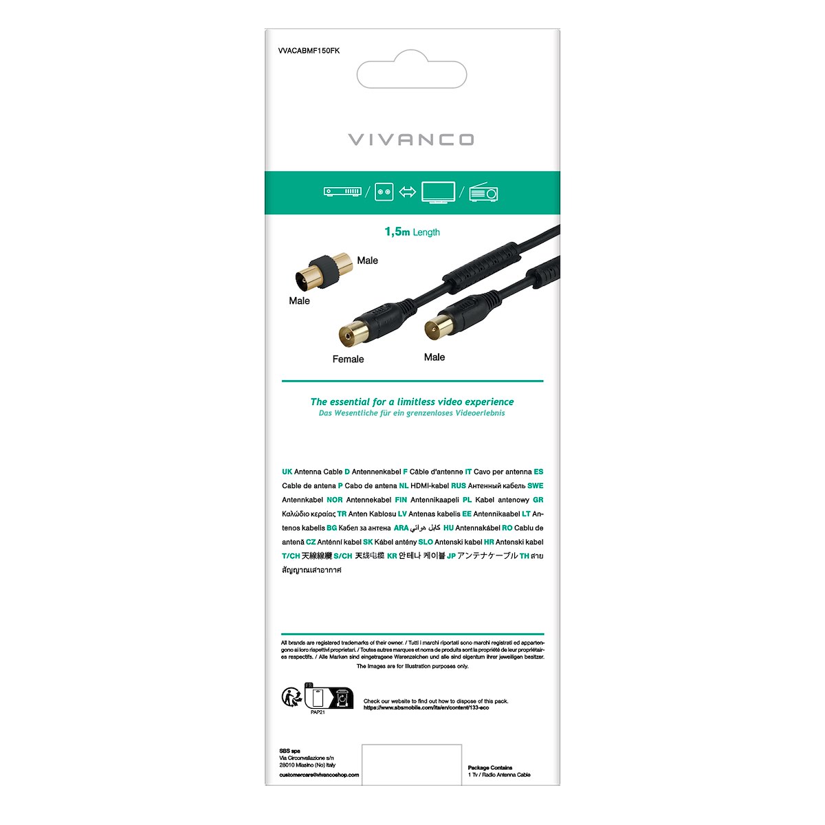 VIVANCO VVACABMF150FK Cavo antenna coassiale M-F 1.5m 90dB nero - immagine 3
