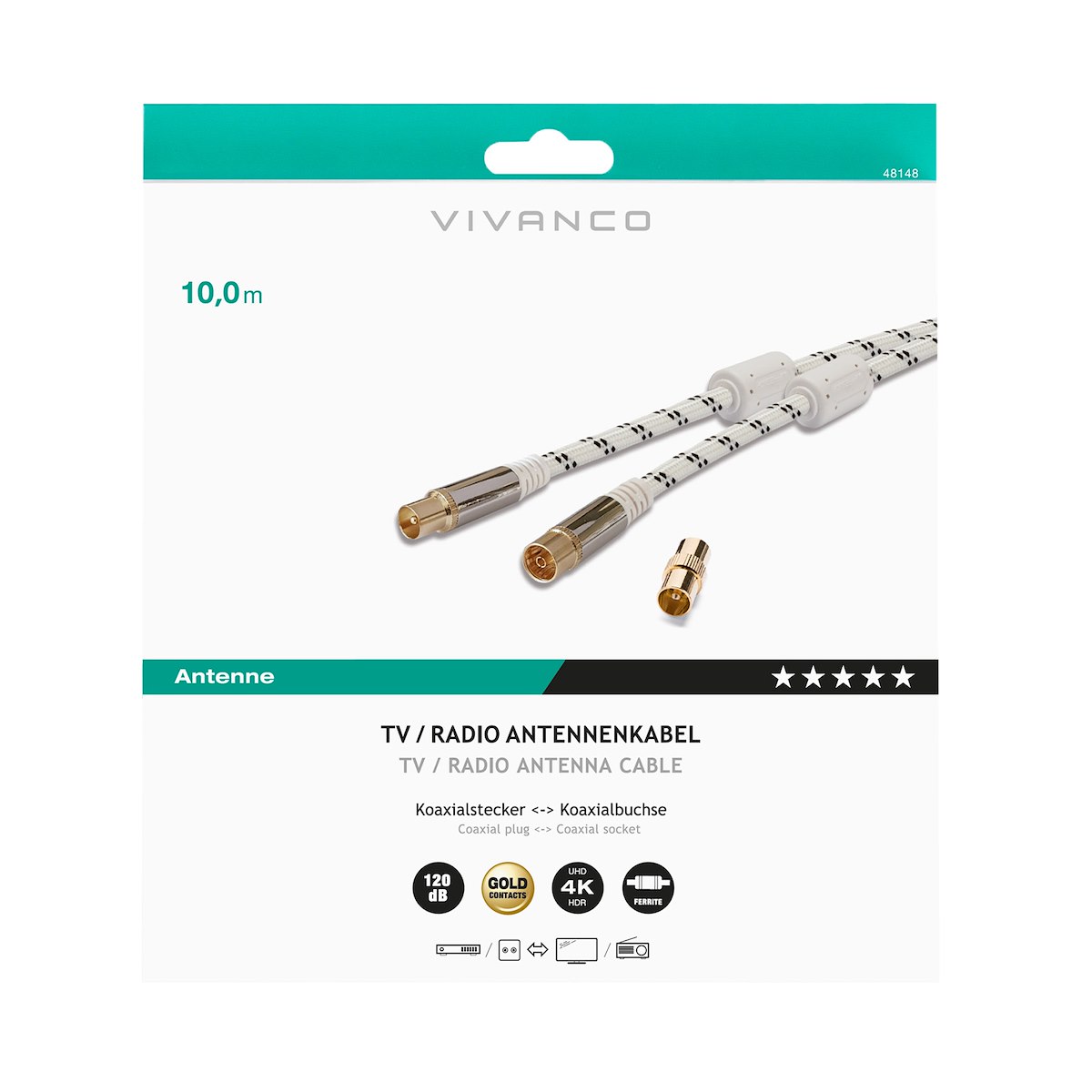 VIVANCO VVACABMF1000HQW Cavo antenna coassiale M-F 10m 120dB bianco