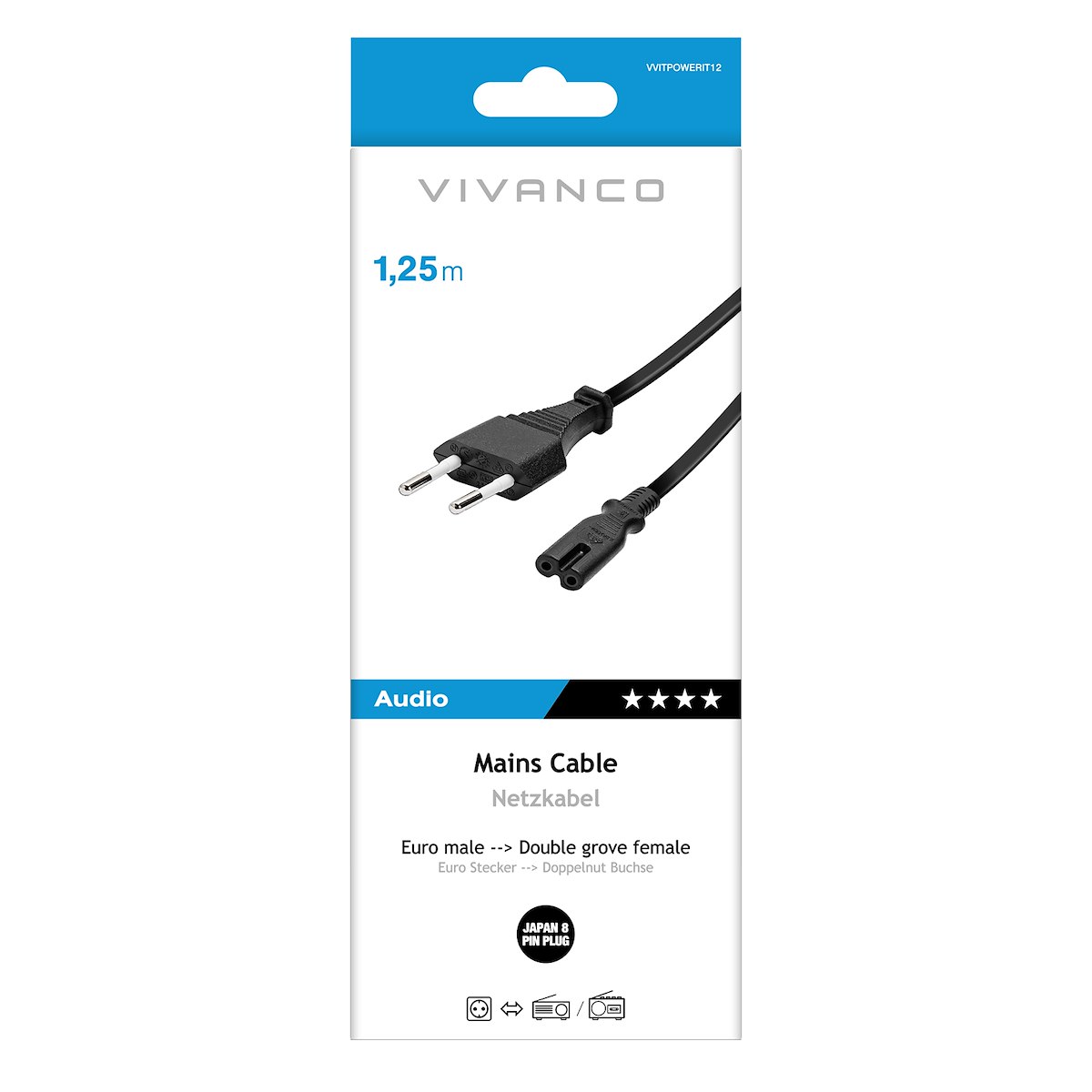 VIVANCO VVITPOWERIT12 Cavo alimentazione Euro8-Italia, 1.25m, nero