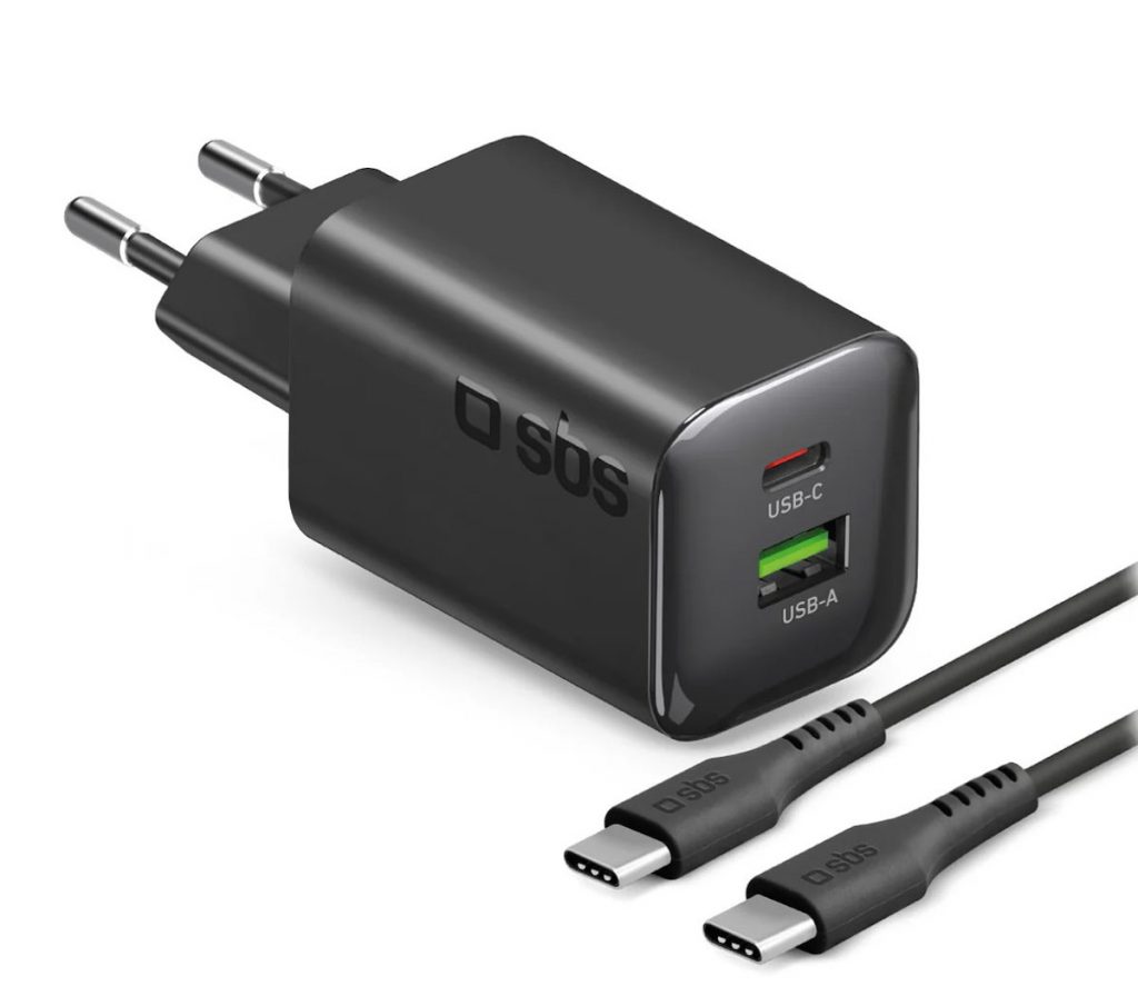 SBS TETRKITGAN1A1C65WK Caricabatterie Rete GAN 65W USB-C+A + Cavo C-C 1.5m