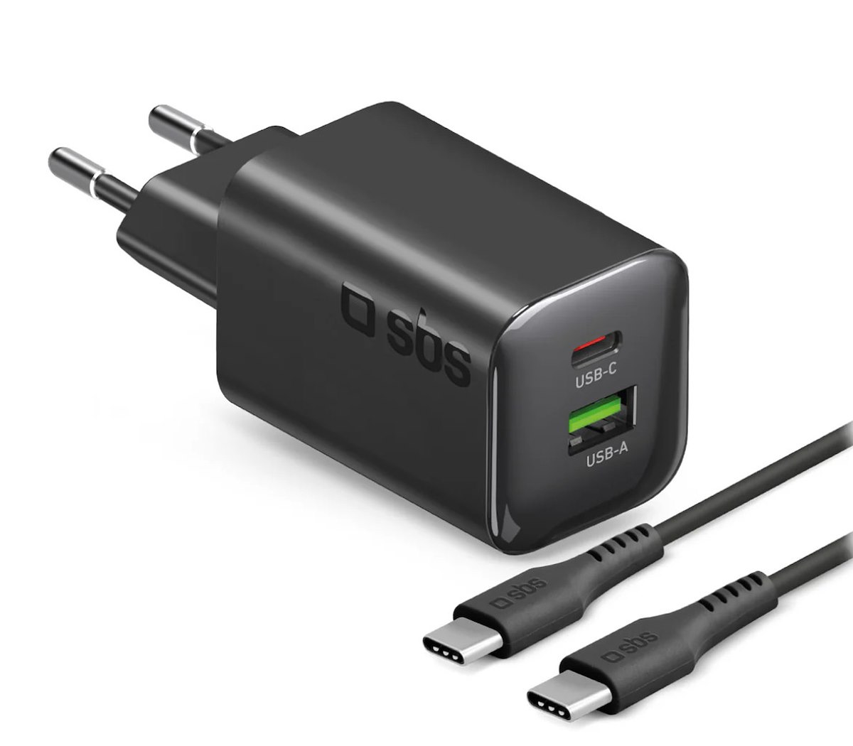 SBS TETRKITGAN1A1C65WK Caricabatterie Rete GAN 65W USB-C+A + Cavo C-C 1.5m