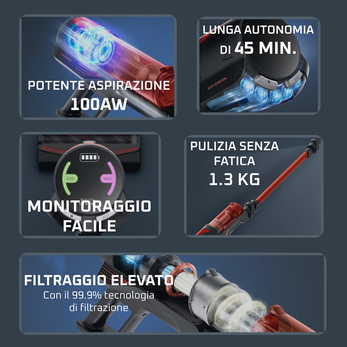 ROWENTA RH1872 Scopa Elettrica Senza Sacco X-Force Animal Rossa - immagine 3