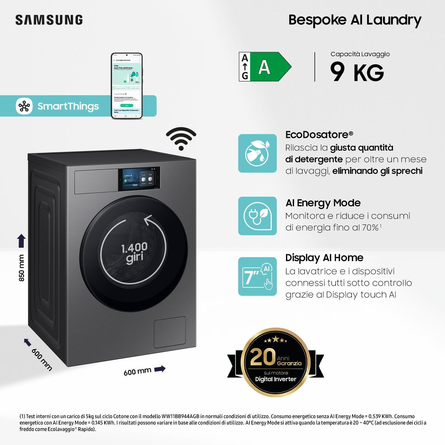 Samsung WF90F09C4SU3 Dark Silver Lavatrice Carica Frontale 9KG 1400Giri Wi-Fi - immagine 3