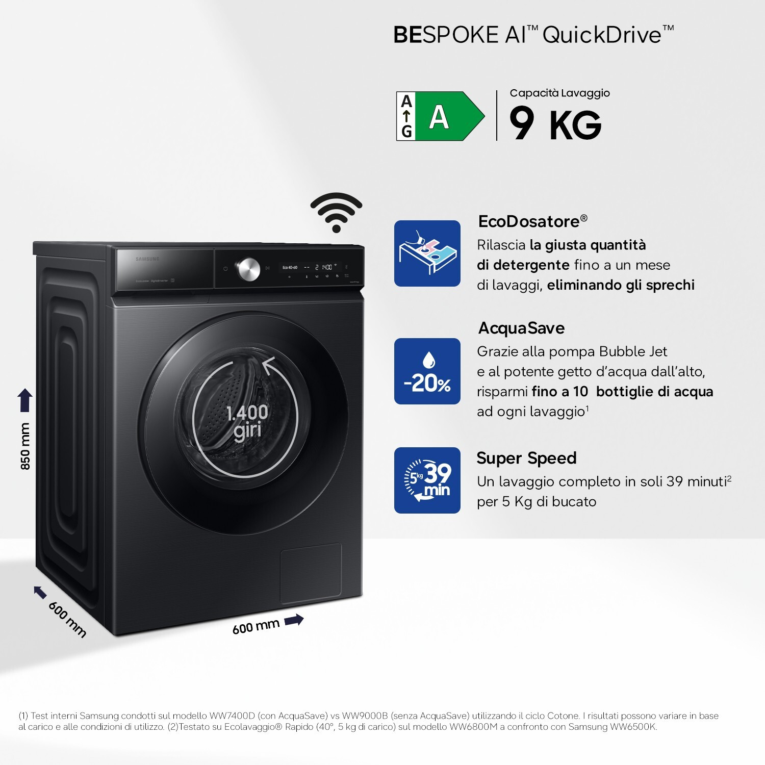 SAMSUNG WW90DB8U95GBU3 Lav Frontale 9KG 1400 Inverter Vapore WiFi Nera - immagine 6