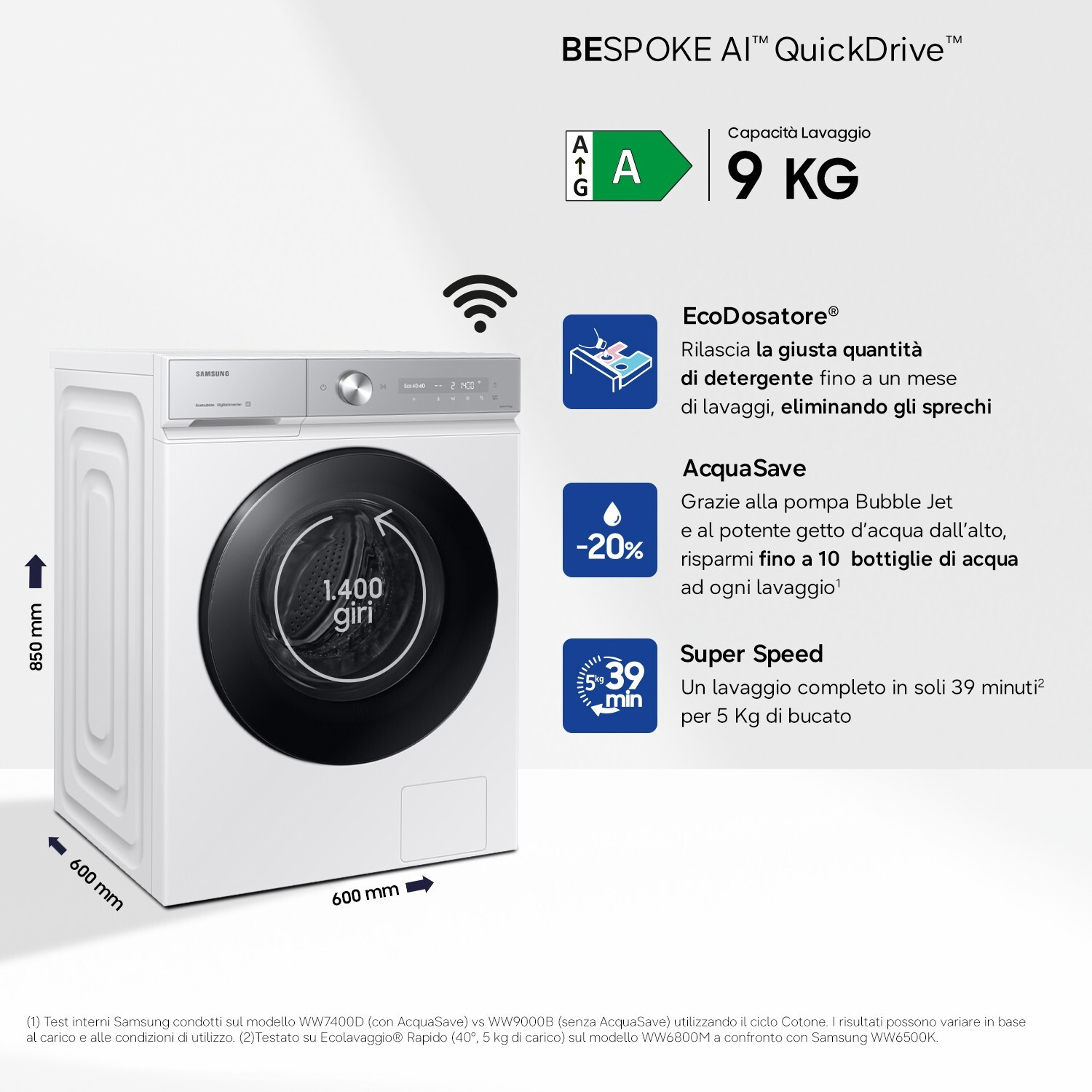 SAMSUNG WW90DB8U95GHU3 Lavatrice 9KG 1400GIRI Cl A Inverter Vapore Wifi - immagine 5