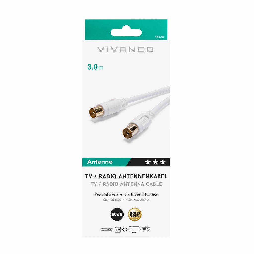 Vivanco VVACABMF300GW Cavo Coass Antenna M-F Oro 3m 90db Bianco
