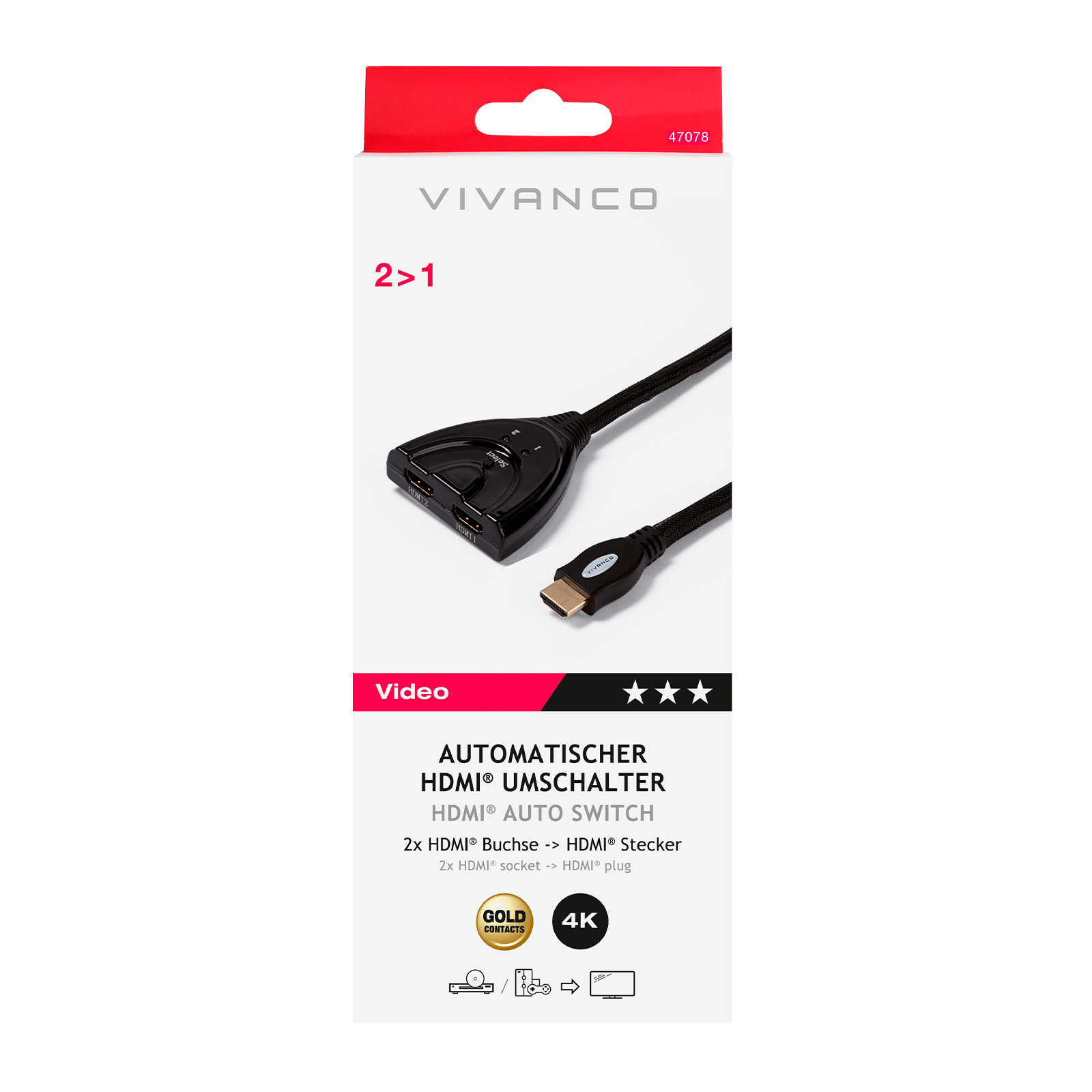 Vivanco VVVHDMISWITCH21 Switch Hdmi M-2xf 0 8mt 4k Oro Nero Cavi Video