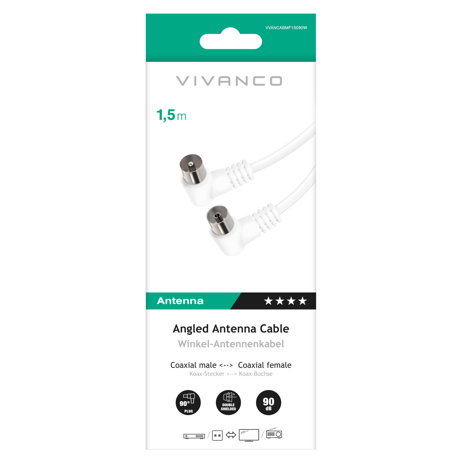 VIVANCO VVANCABMF15090W Cavo Coassiale Antenna M-F 1 5M 90DB Angolo Bianco