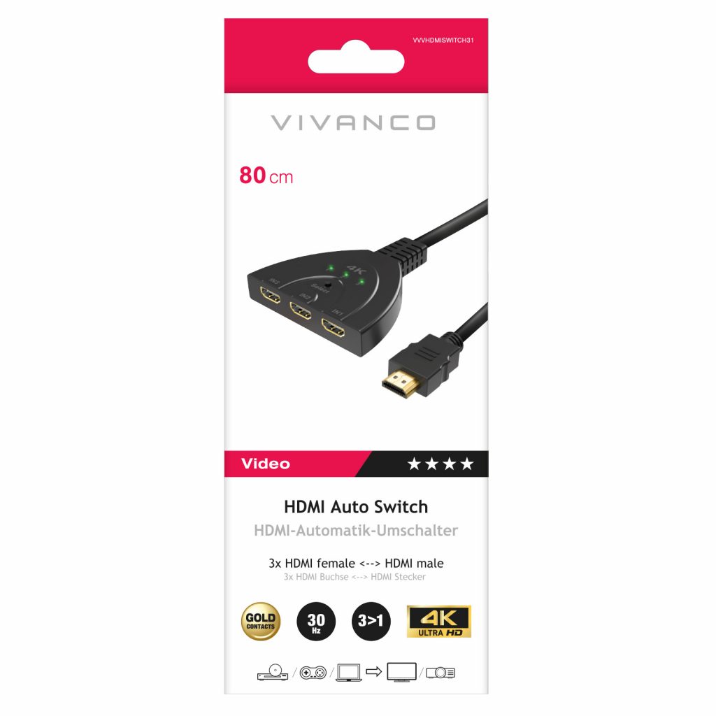 Vivanco VVVHDMISWITCH31 Switch Hdmi 1 3 3 Uscite M 3XF Oro 0 8M Nero Cavi Video