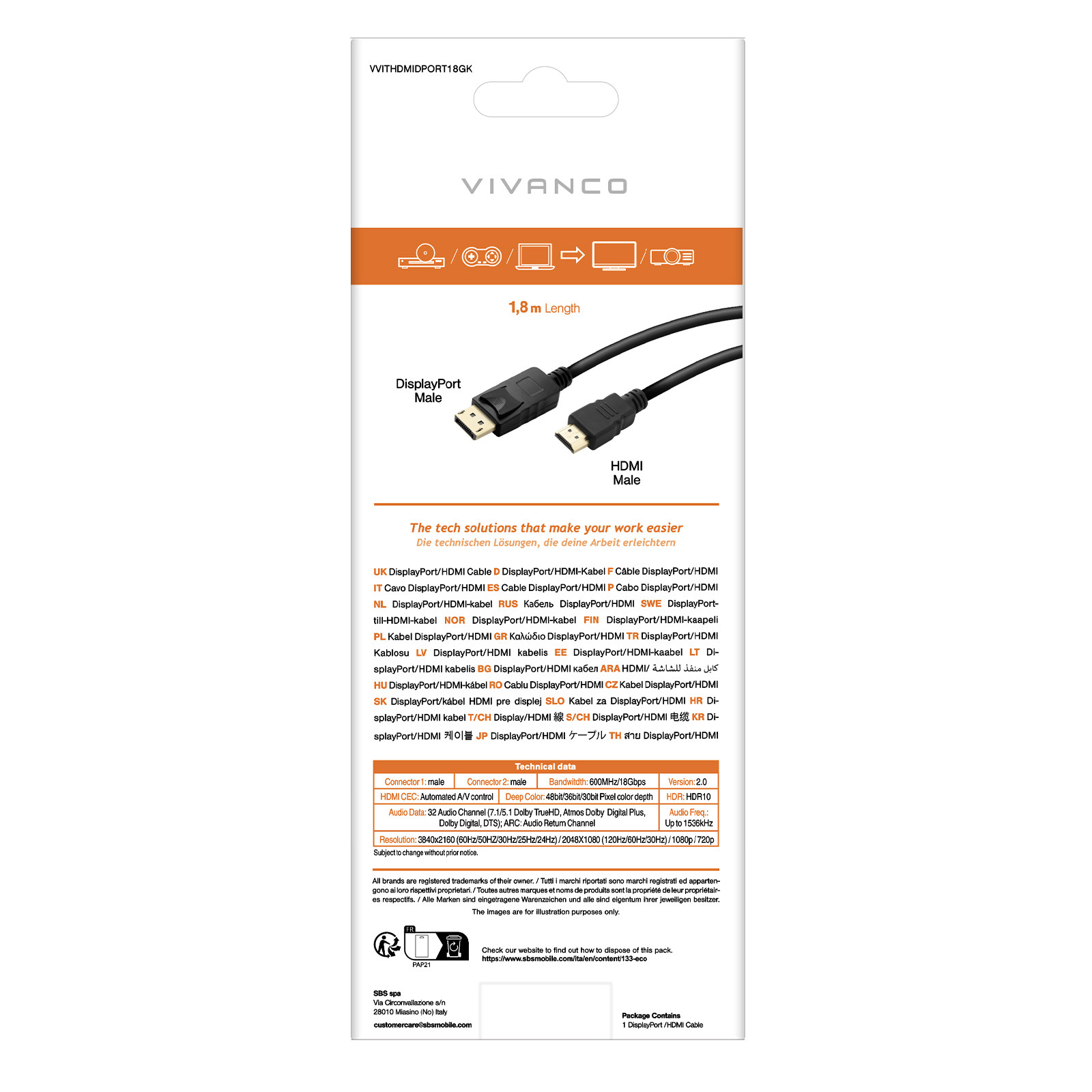 Vivanco VVITHDMIDPORT18GK Cavo DisplayPort HDMI M M Oro 1 8M Nero - immagine 3