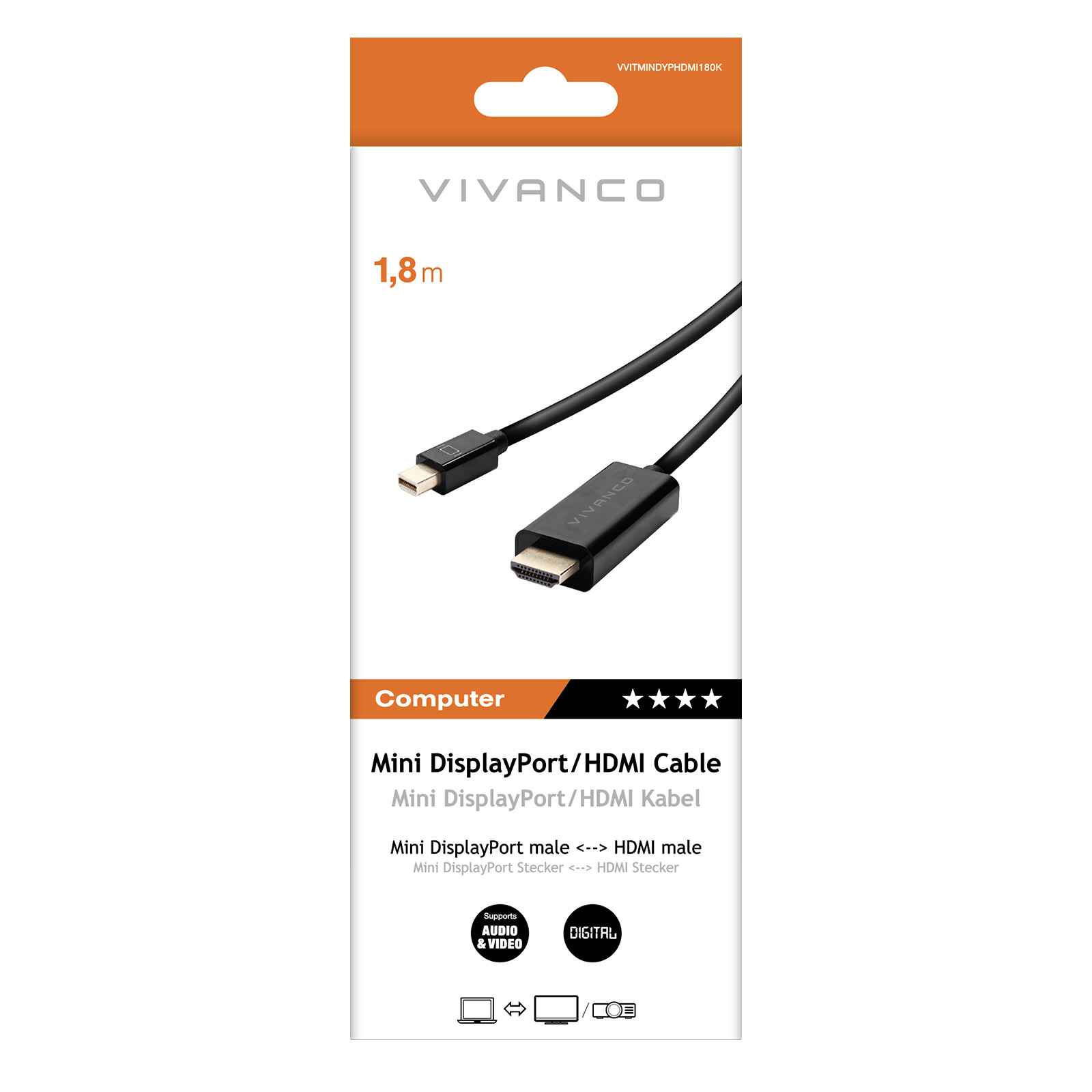 Vivanco VVITMINDYPHDMI180K Cavo Mini Displayport Hdmi M M 1 8MT Nero