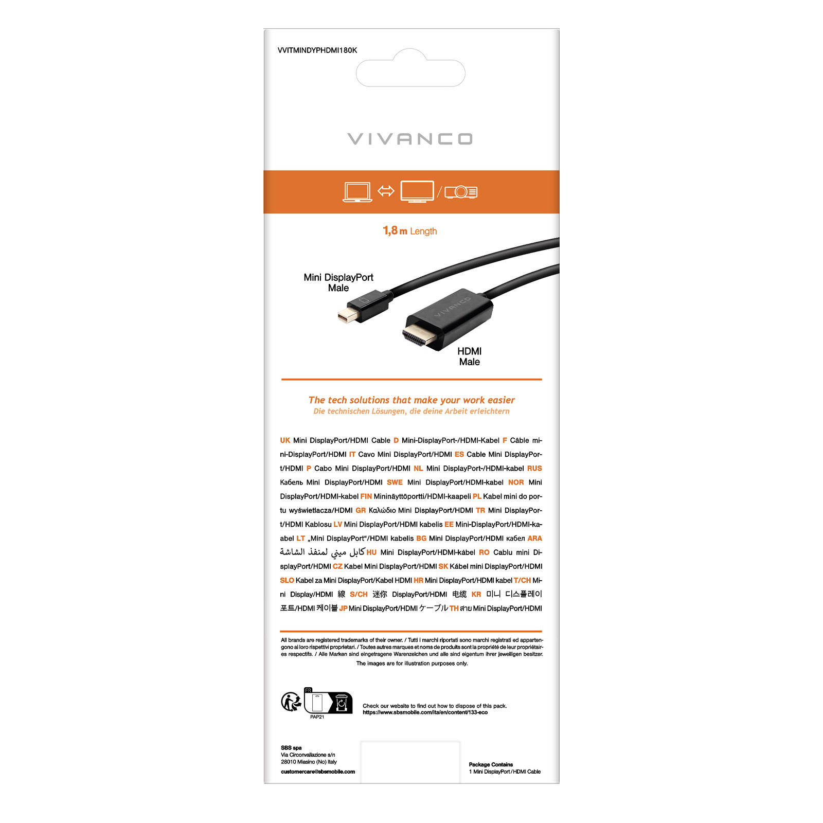 Vivanco VVITMINDYPHDMI180K Cavo Mini Displayport Hdmi M M 1 8MT Nero - immagine 3