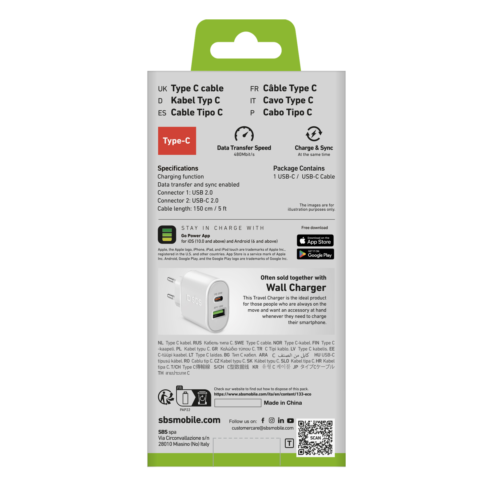 SBS TECABLEMICROC15W Cavo Dati USB 2.0 - Type-C Bianco - immagine 3