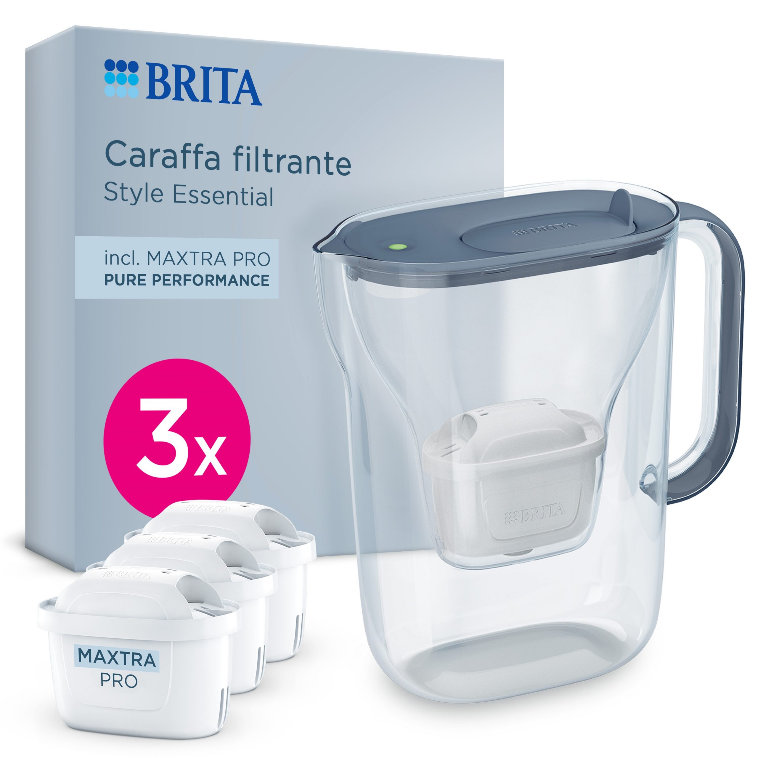 Brita Style Essential Stone Blu Caraffa Filtrante 2.4LT con 3 Filtri Maxtra Pro
