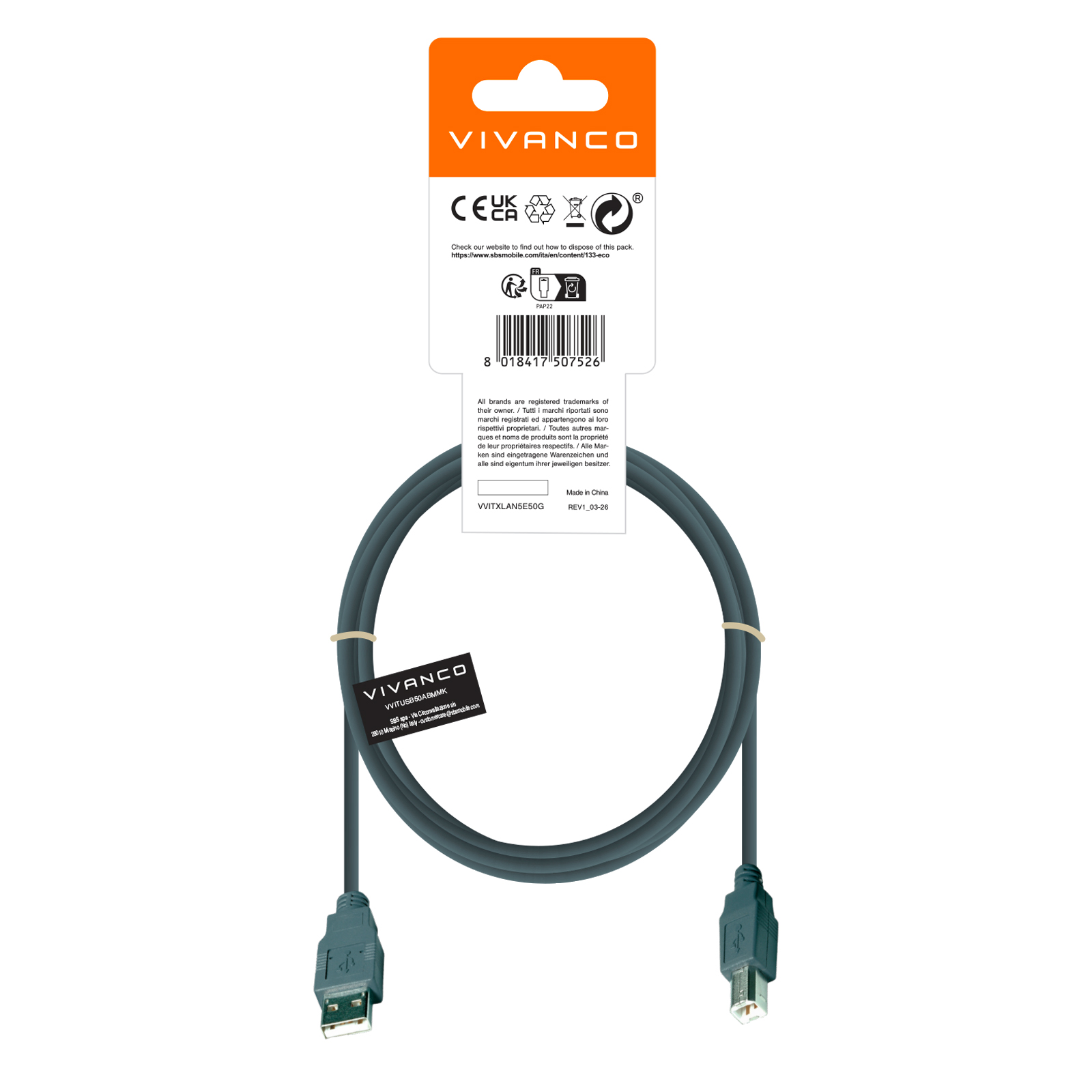 Vivanco VVITUSB50ABMMK Cavo USB-A USB-B M-M 0.5 Grigio - immagine 3