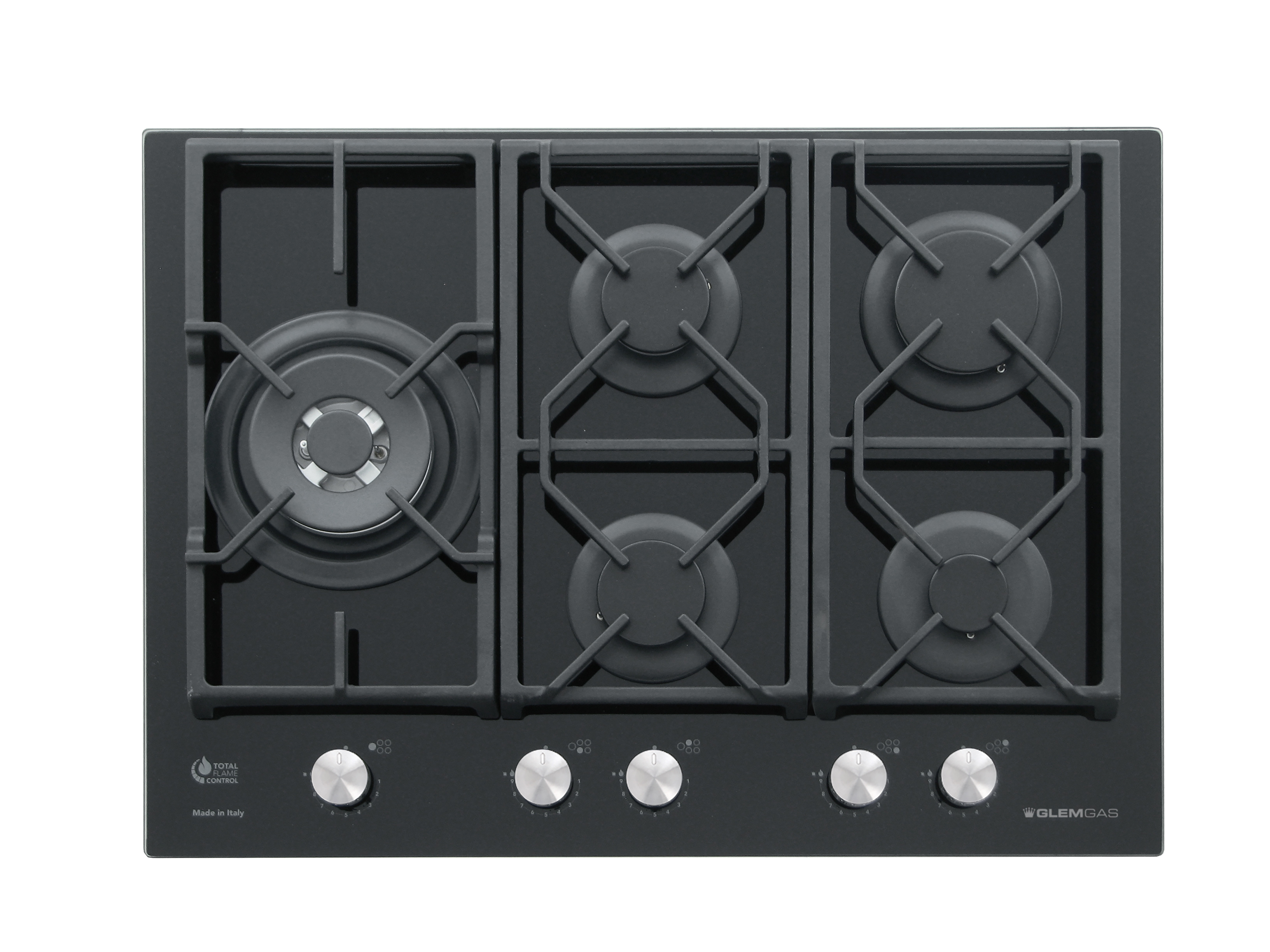 Glem GV75TXBK Piano Cottura a Gas in Vetro 70CM 5 Fuochi Griglie in Ghisa