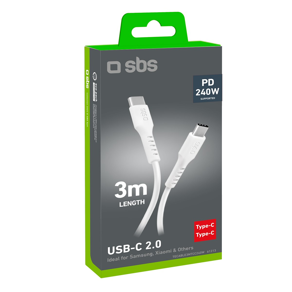 SBS TECABLE3MTCC240W Cavo USB C Ricarica Dati 240W Power Delivery 3 Metri Bianco - immagine 2