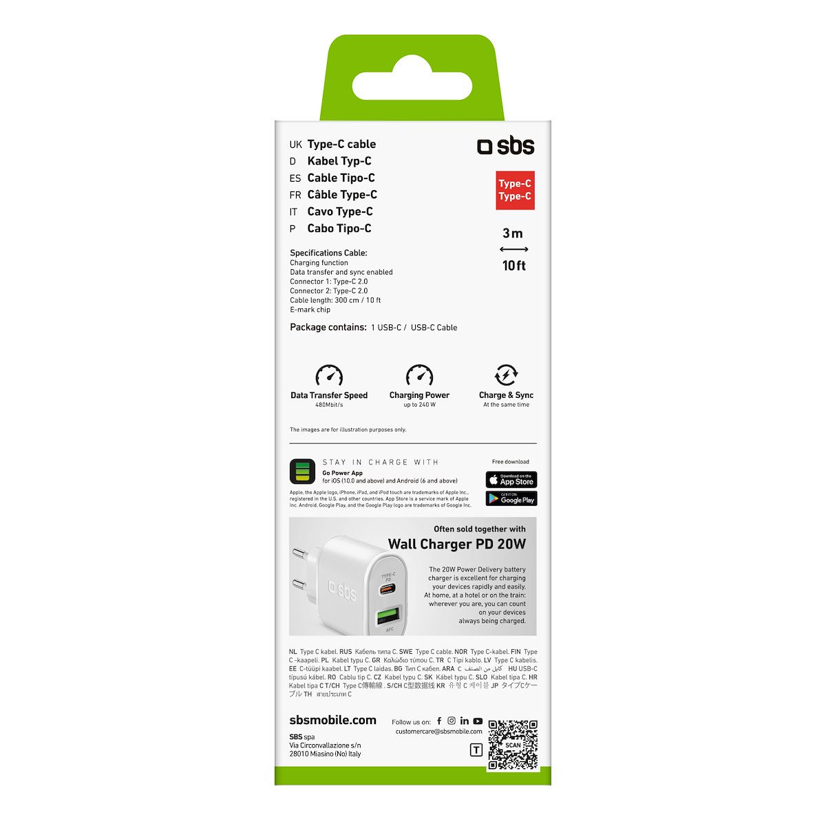 SBS TECABLE3MTCC240W Cavo USB C Ricarica Dati 240W Power Delivery 3 Metri Bianco - immagine 3