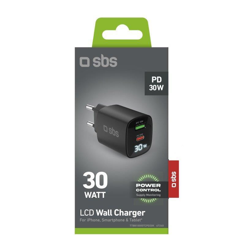 SBS TETRGANLCD1USB1C30K Black Caricabatterie da Muro con Schermo LCD USB-C e USB - Image 10