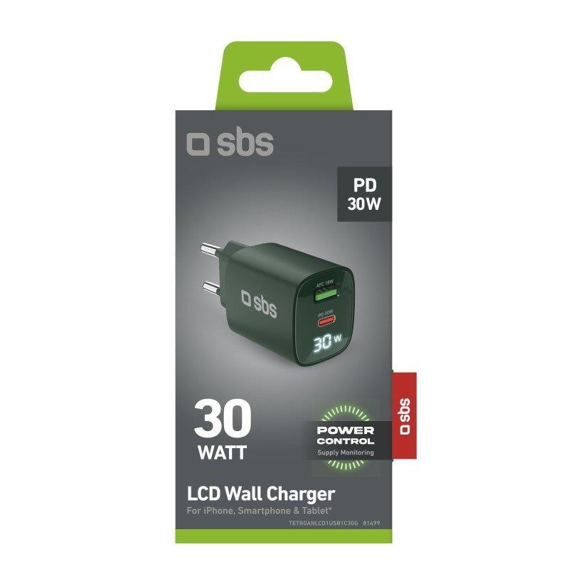 SBS TETRGANLCD1USB1C30G Verde Caricabatterie da Muro con Schermo LCD USB-C e USB - Image 10