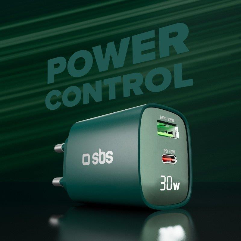SBS TETRGANLCD1USB1C30G Verde Caricabatterie da Muro con Schermo LCD USB-C e USB - Image 2