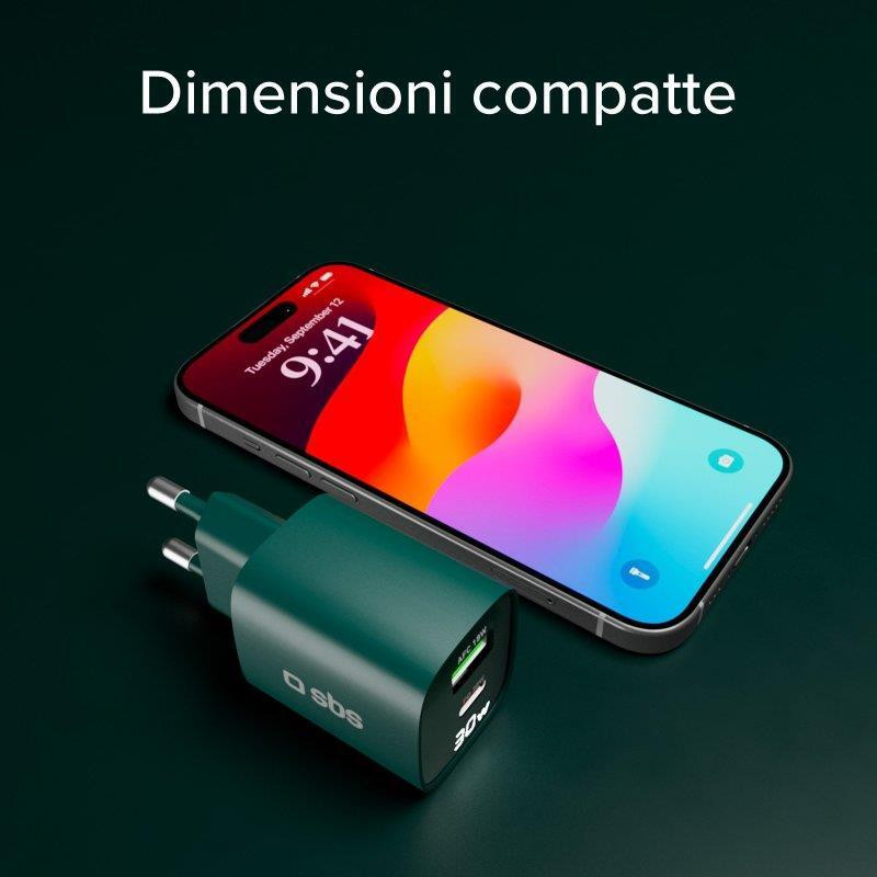 SBS TETRGANLCD1USB1C30G Verde Caricabatterie da Muro con Schermo LCD USB-C e USB - Image 3