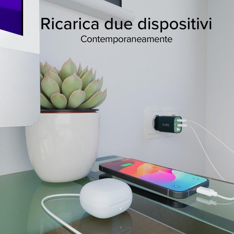 SBS TETRGANLCD1USB1C30G Verde Caricabatterie da Muro con Schermo LCD USB-C e USB - Image 5