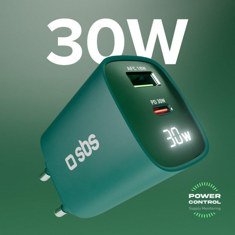 SBS TETRGANLCD1USB1C30G Verde Caricabatterie da Muro con Schermo LCD USB-C e USB - Image 9
