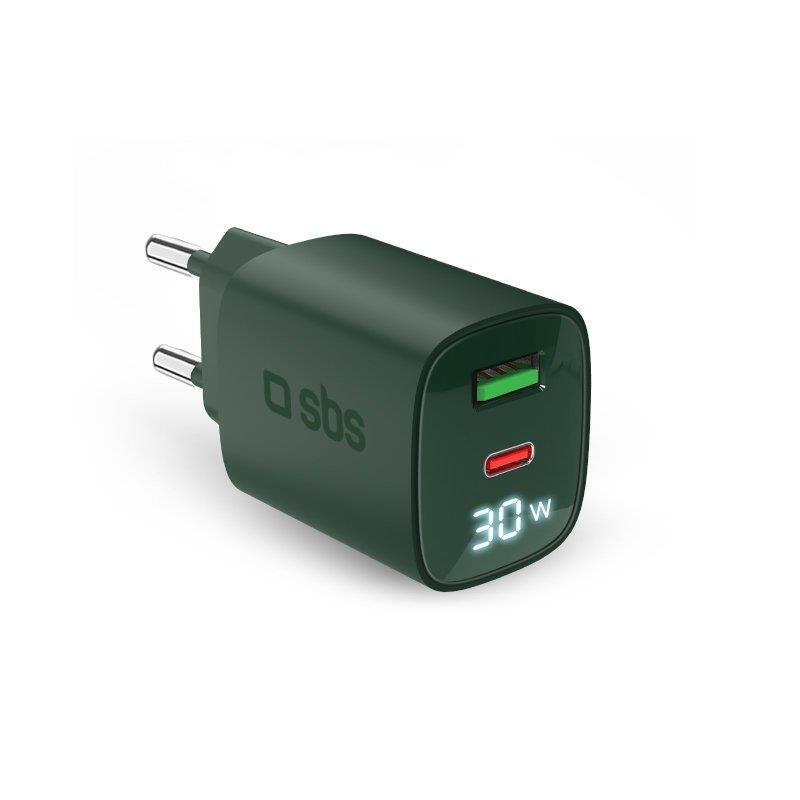 SBS TETRGANLCD1USB1C30G Verde Caricabatterie da Muro con Schermo LCD USB-C e USB