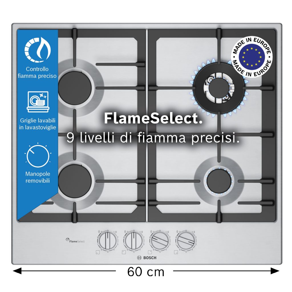BOSCH PCH6A5I90 Piano Cottura Gas 60cm 4 Fuochi Doppia Corona Griglie Ghisa Inox