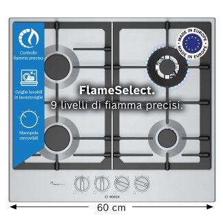 BOSCH PCH6A5I90 Piano Cottura Gas 60cm 4 Fuochi Doppia Corona Griglie Ghisa Inox