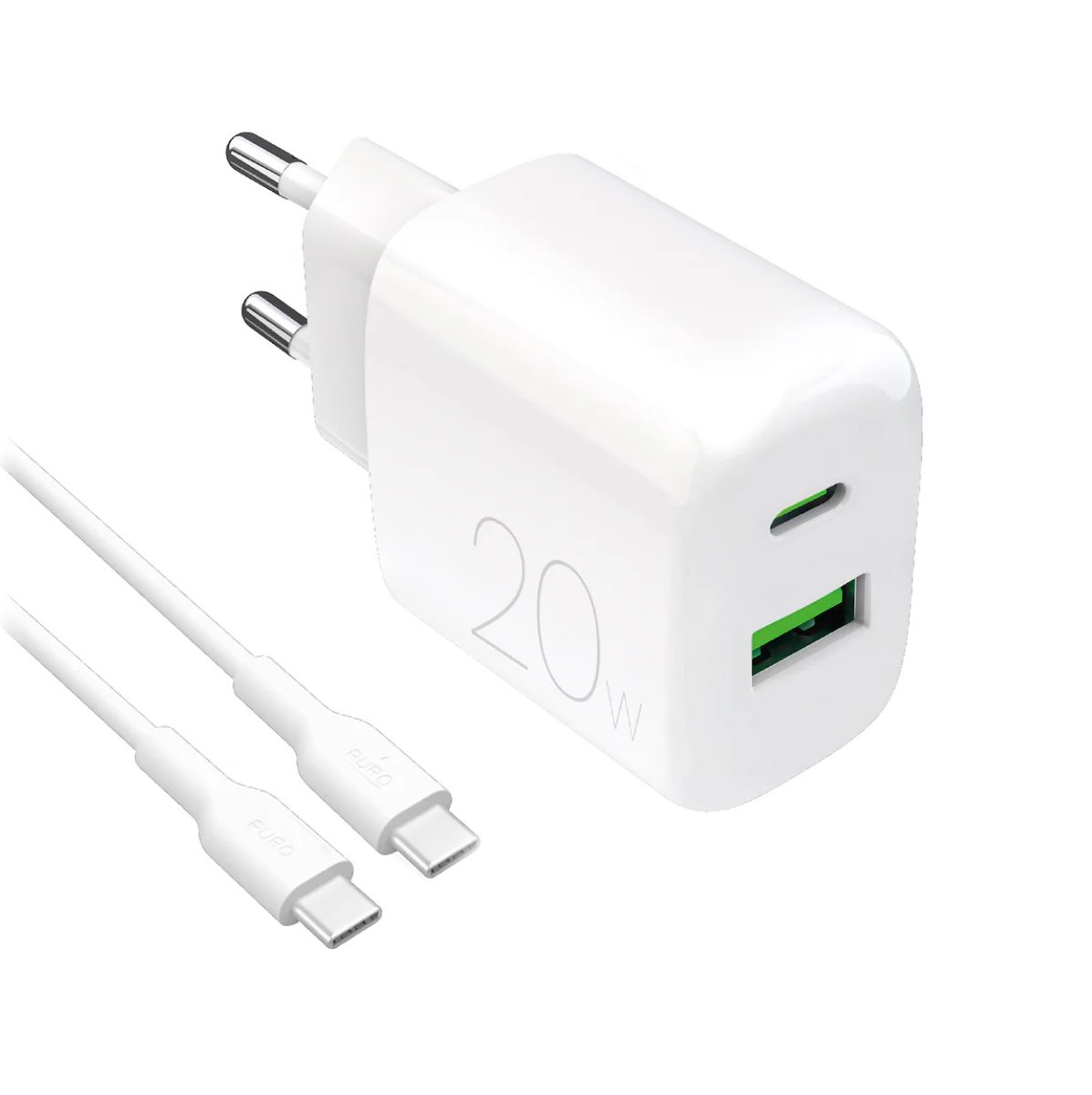 PURO PUTCUSBAC20WDYKCCWHI Caricabatterie Rete USB A USB C Cavo USB C Prolite Bianco