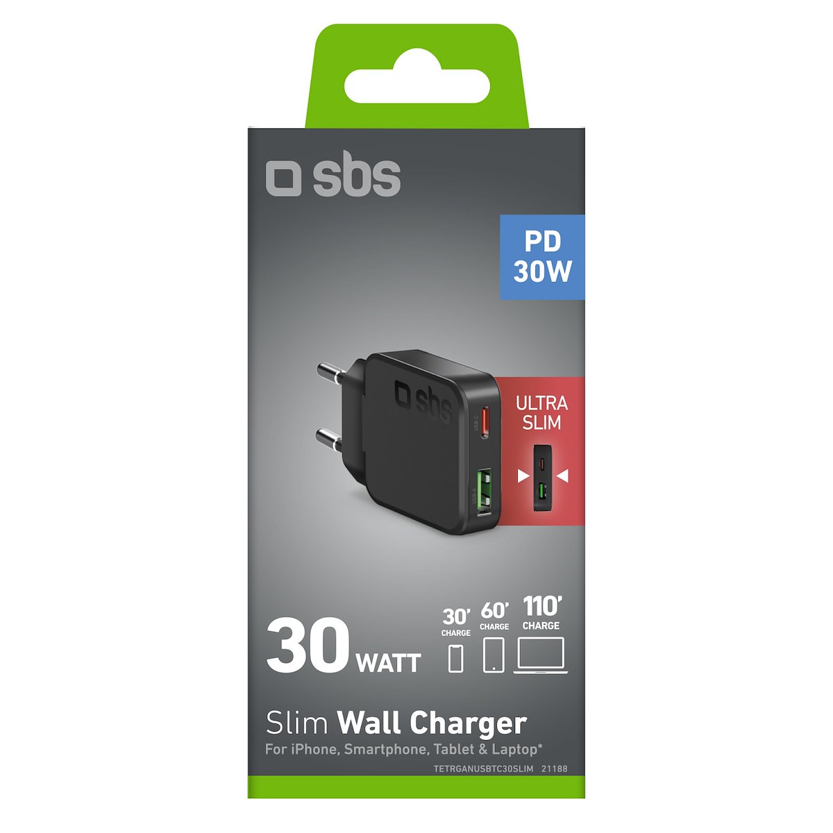 SBS TETRGANUSBTC30SLIM Caricabatterie Rete Slim 30W USB C