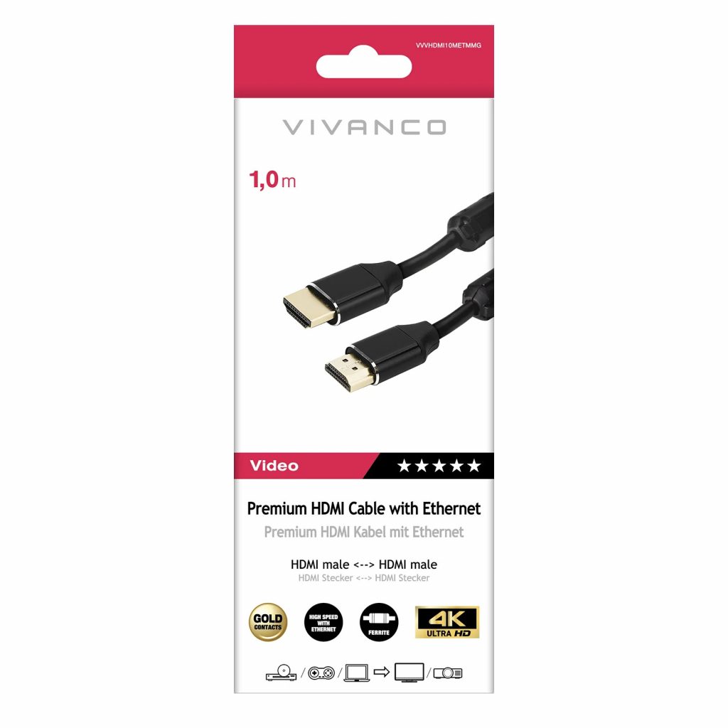 VIVANCO VVVHDMI10METMMG Cavo HDMI Premium ARC Maschio Oro 1 Metro 4K 60Hz Nero